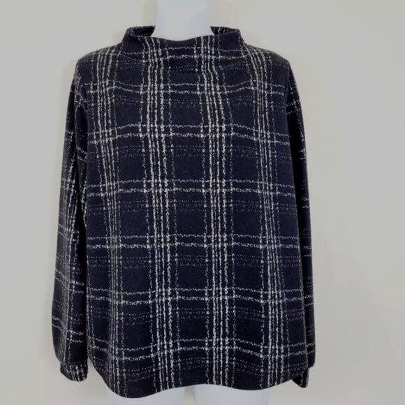 W5 Knit Top Black White Plaid Long Sleeve Wide Mock Neck Exposed Back Zip MED - Picture 1 of 4